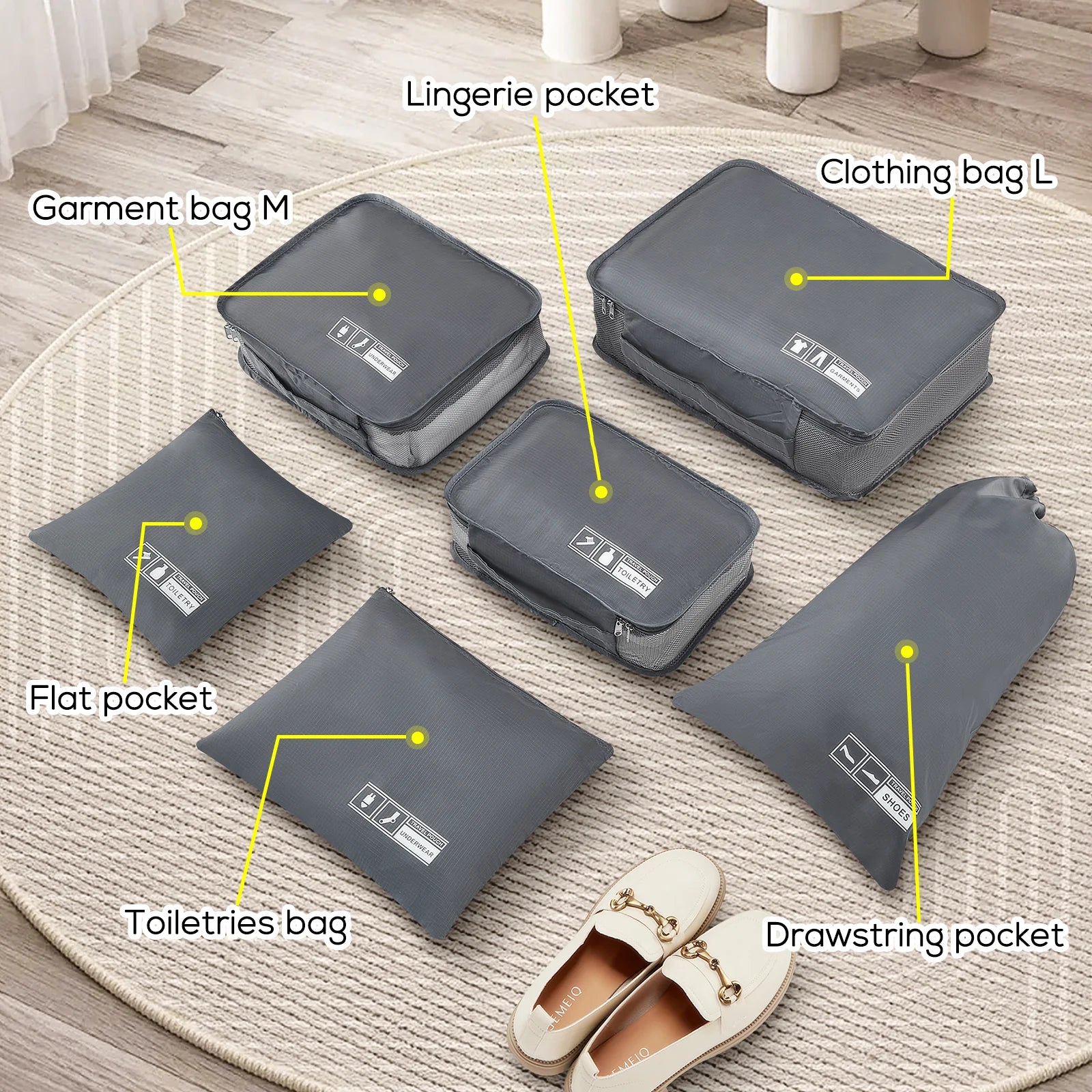 The six toiletry bags are specifically designed to store all your essentials, making them ideal for weekend getaways, business trips, or fitness activities bag001
